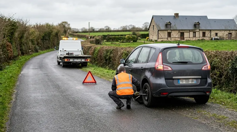 Dépannage automobile : changement de roue d'un monospace sur le bas-côté d'une route de campagne, triangle de signalisation posé