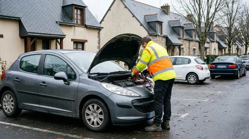 Dépannage batterie : technicien en gilet haute visibilité branchant un booster de démarrage sous le capot d'une citadine
