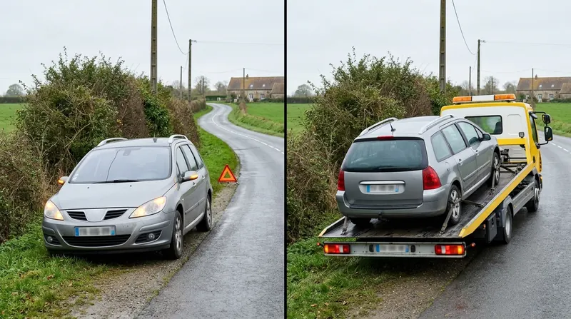 Remorquage voiture : break immobilisé sur le bas-côté d'une route, puis chargé sur le plateau de la dépanneuse