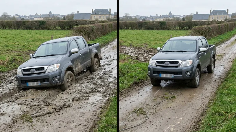 Véhicule embourbé : pick-up enlisé dans un chemin boueux, puis dégagé sur la partie stabilisée du chemin
